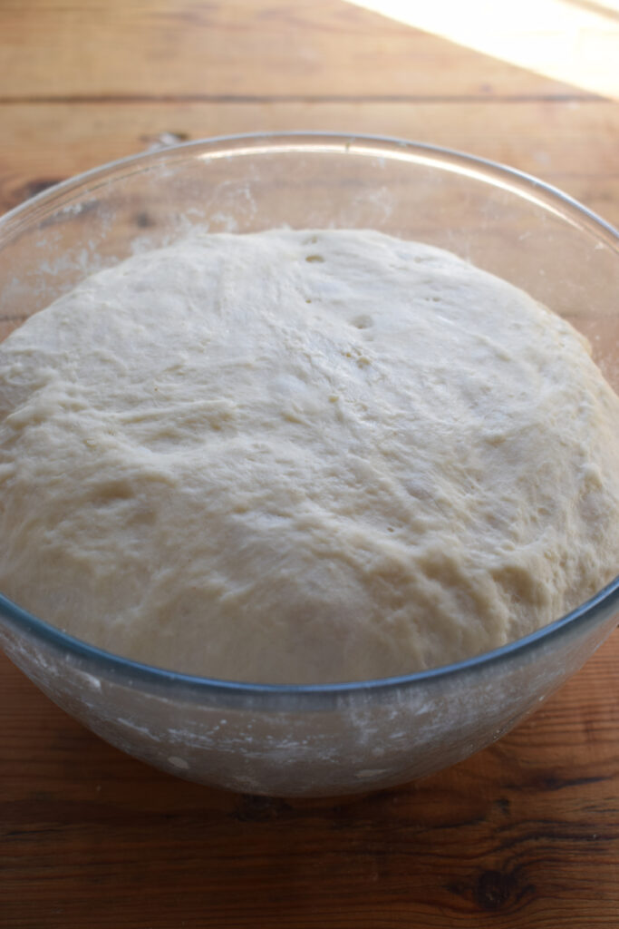 Risen bread dough in a bowl.
