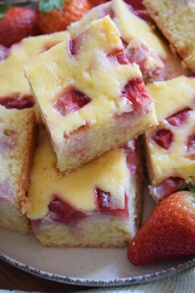 Cake squares with strawberries.