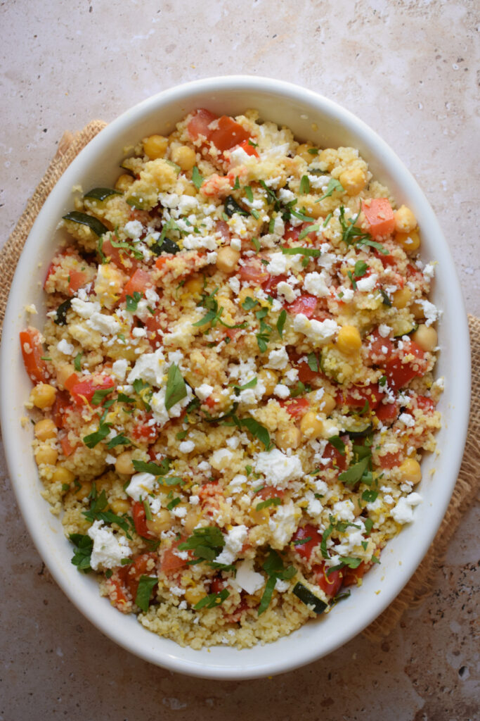 Feta and couscous salad ready to serve.