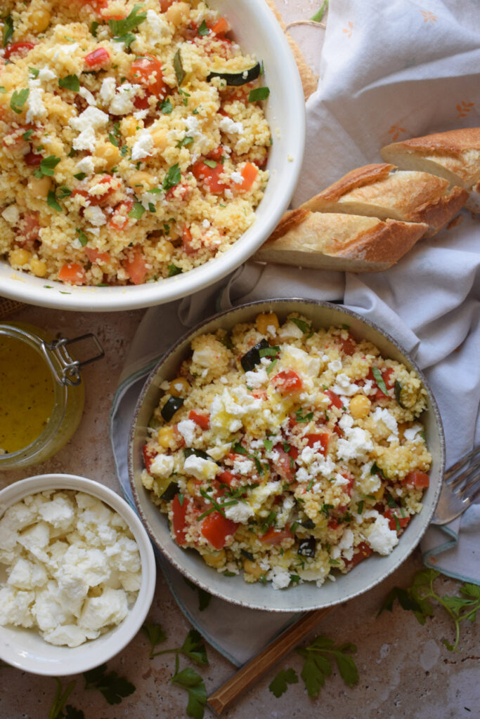 Lemon couscous salad with herbs and feta cheese.