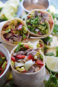 Beef and salad wraps close up.