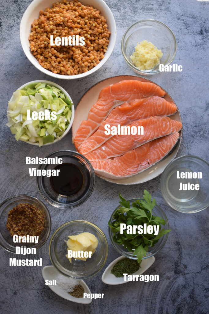 Ingredients to make salmon and lentils.