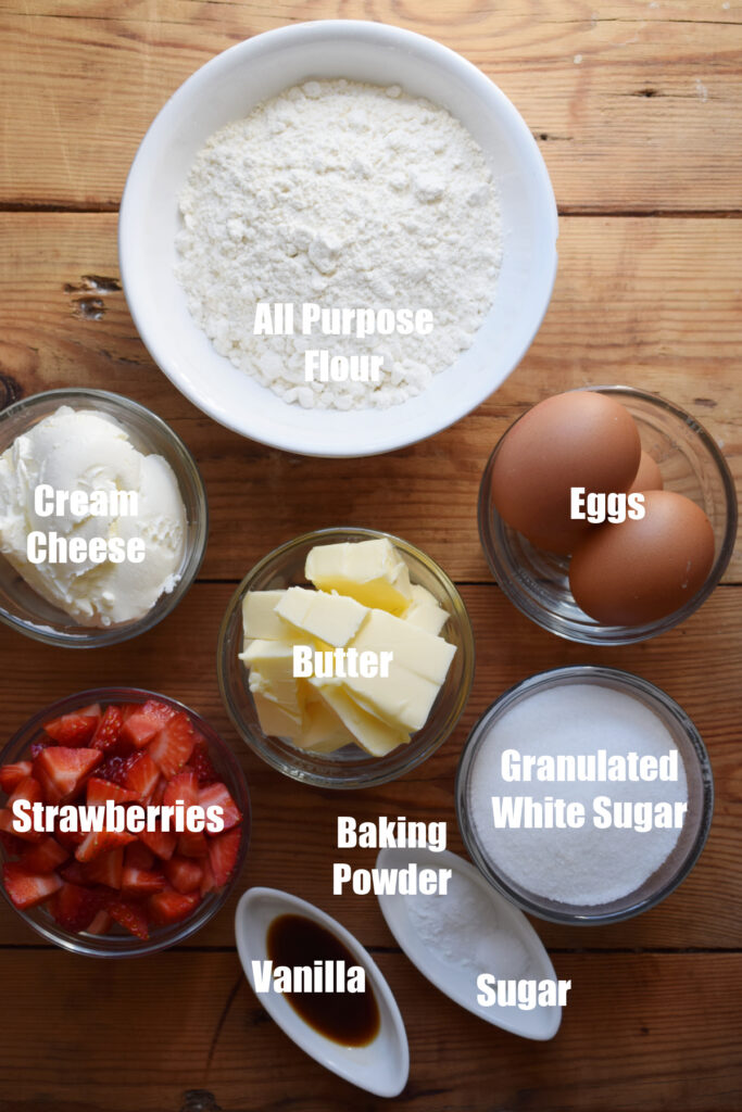 Ingredients to make strawberry cake squares.