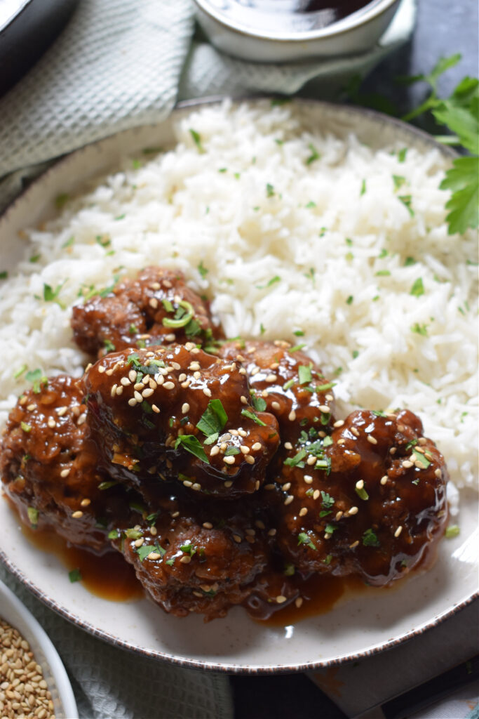 Teriyaki Beef Meatballs with rice.