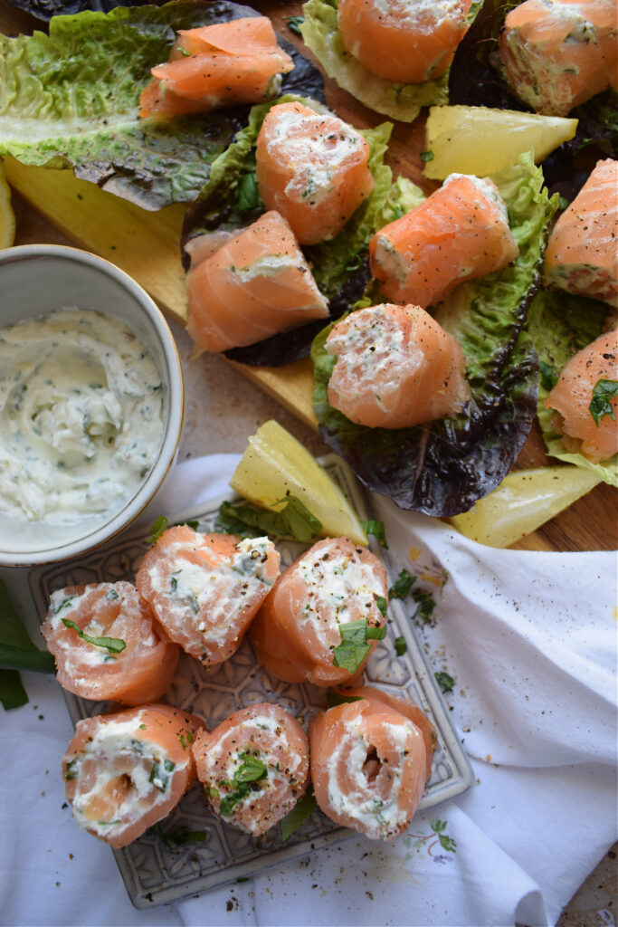 Smoked salmon with cream cheese and herbs.