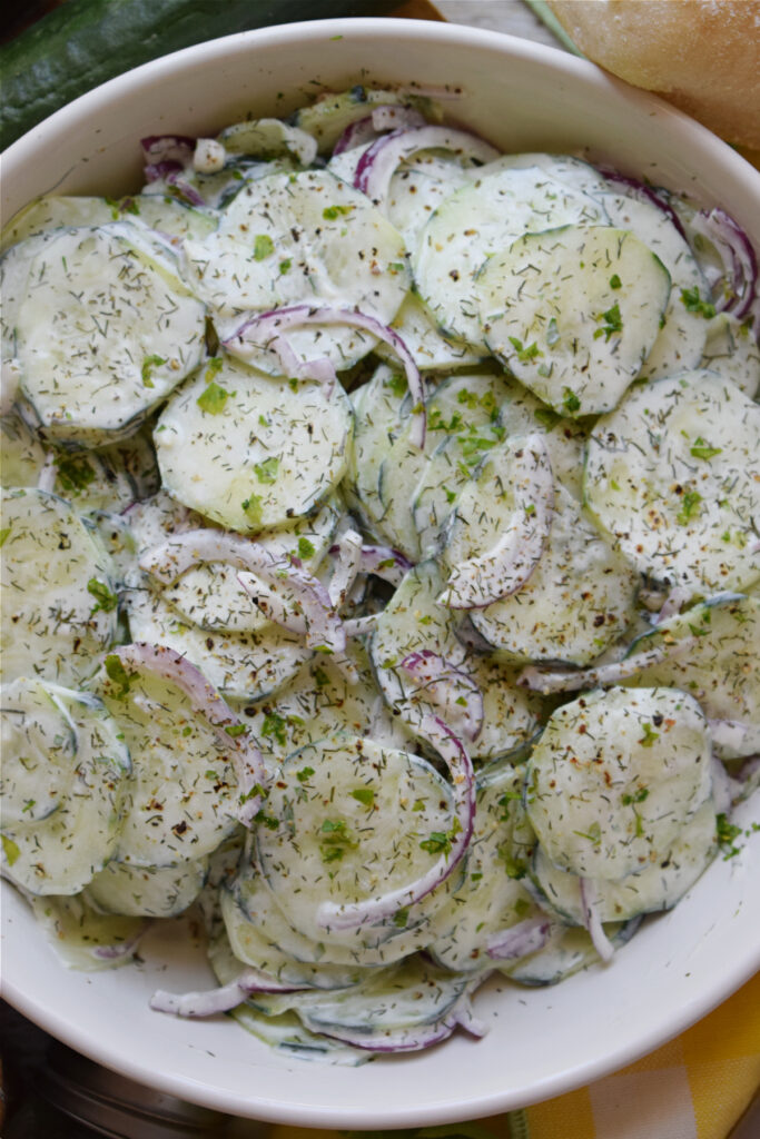 Close up of cucumber and dill salad.