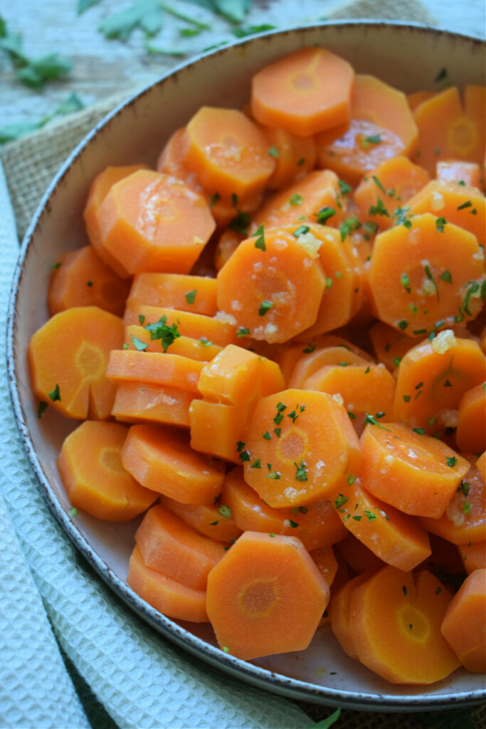 Close up of honey garlic butter carrots.