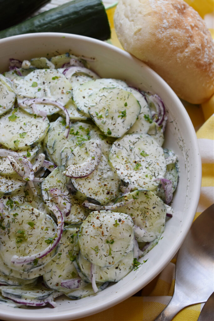 Cucumber dill salad with red onion and dill