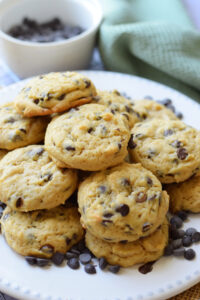 Chocolate chip cream cheese cookies on a plate.
