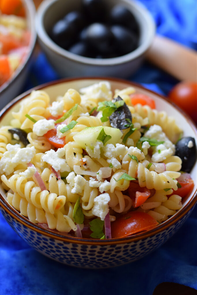 Close up of a pasta salad in a bowl.