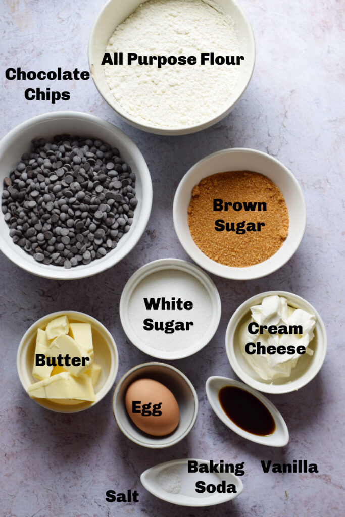 Ingredients to make chocolate chip cookies with cream cheese.