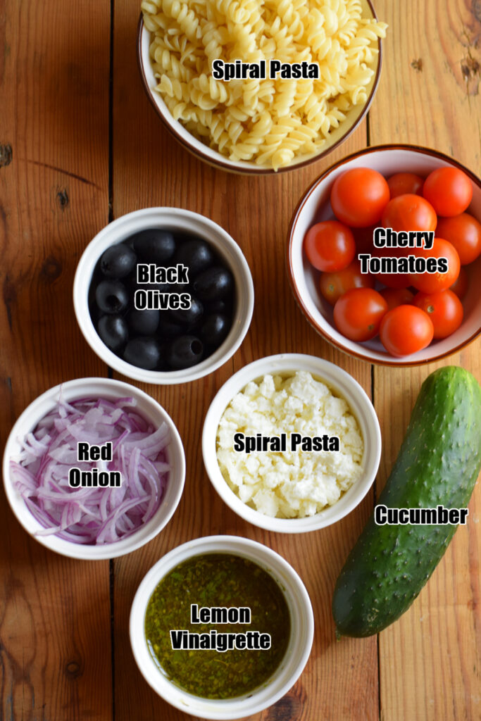 Ingredients to make a Greek Style Pasta Salad.