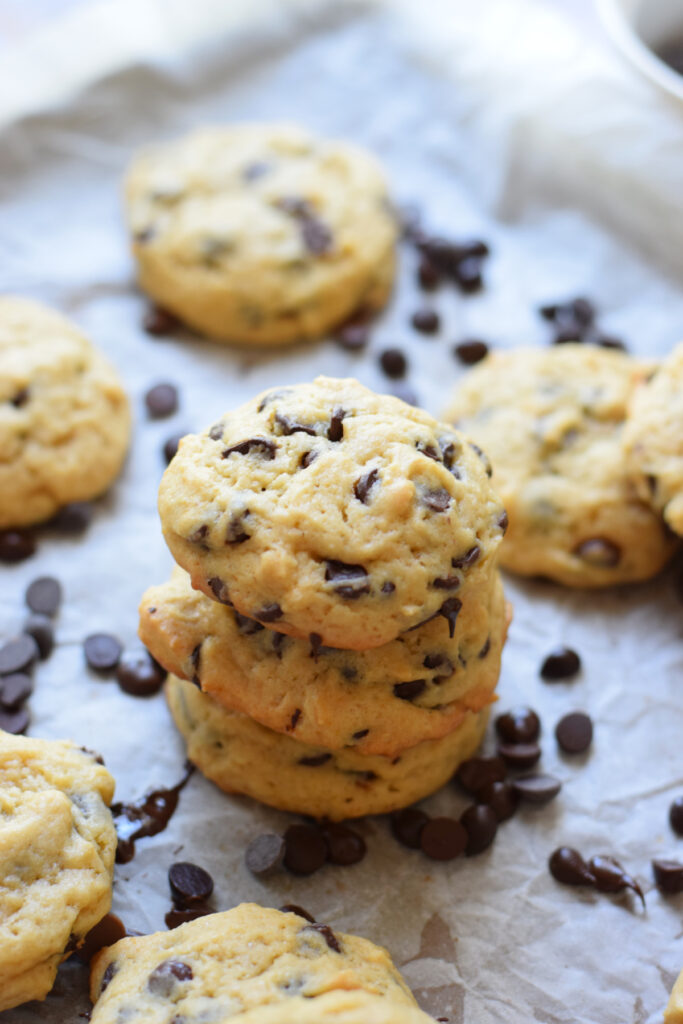 A stack of chocolate chip cookies.