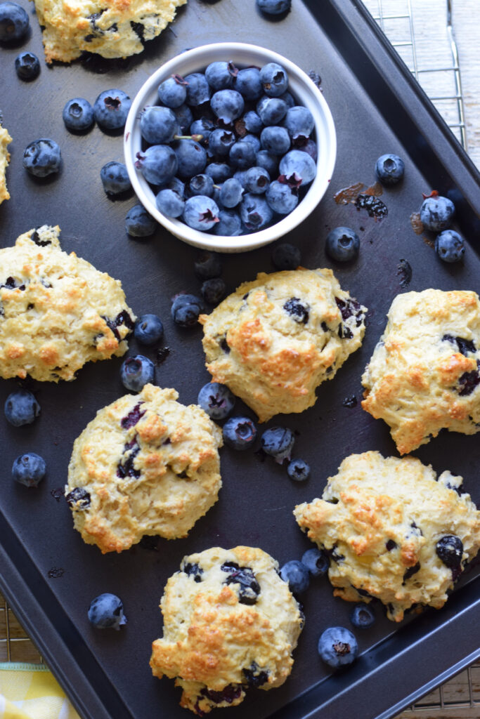 Blueberry scones on a baking tray with fresh blueberries.