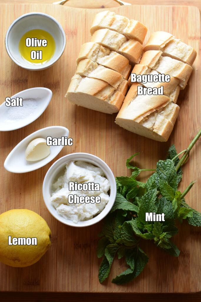 Ingredients to make lemon ricotta bruschetta.