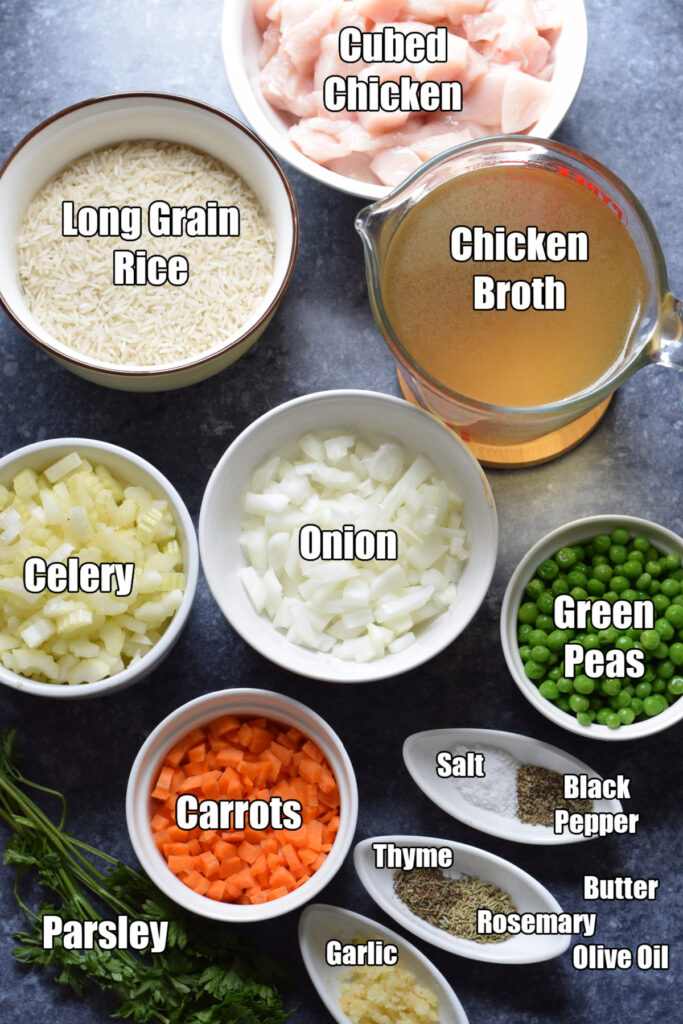 Ingredients to make skillet chicken and rice.