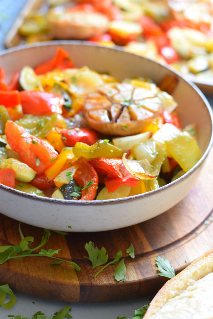 Sheet pan vegetables in a bowl.