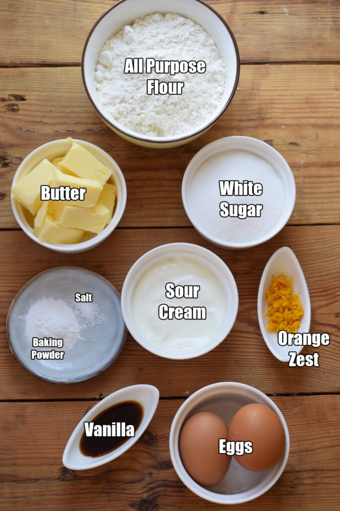 Ingredients to make Orange Sour Cream Cake.