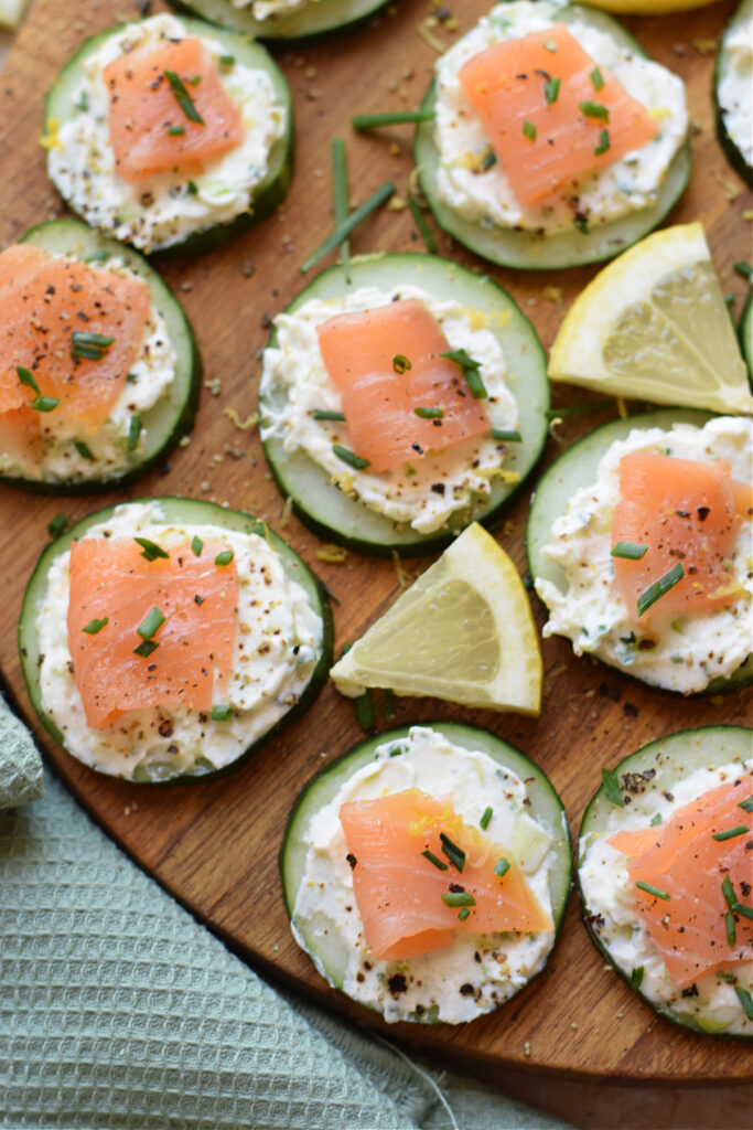 Cucumber and smoked salmon rounds.