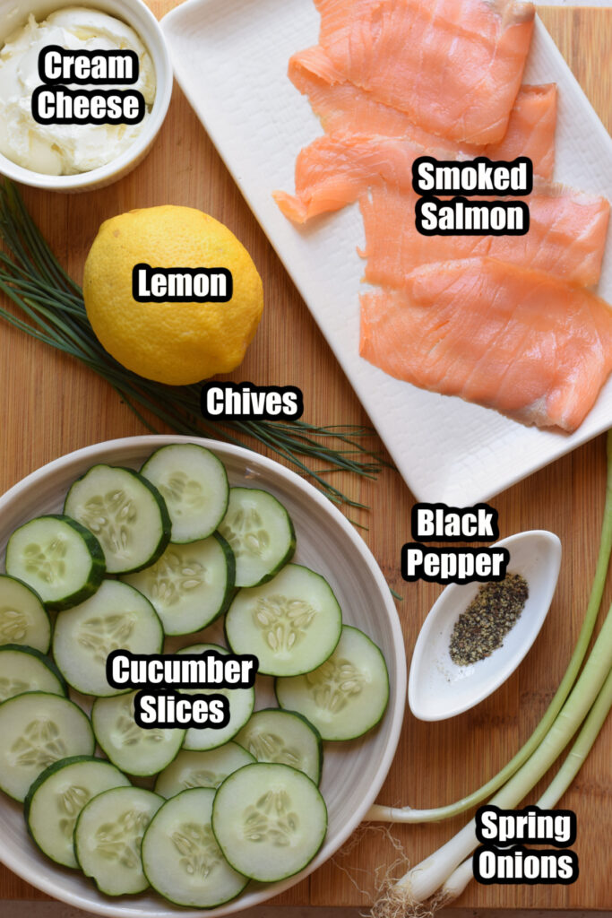 Ingredients to make smoked salmon cucumber bites.