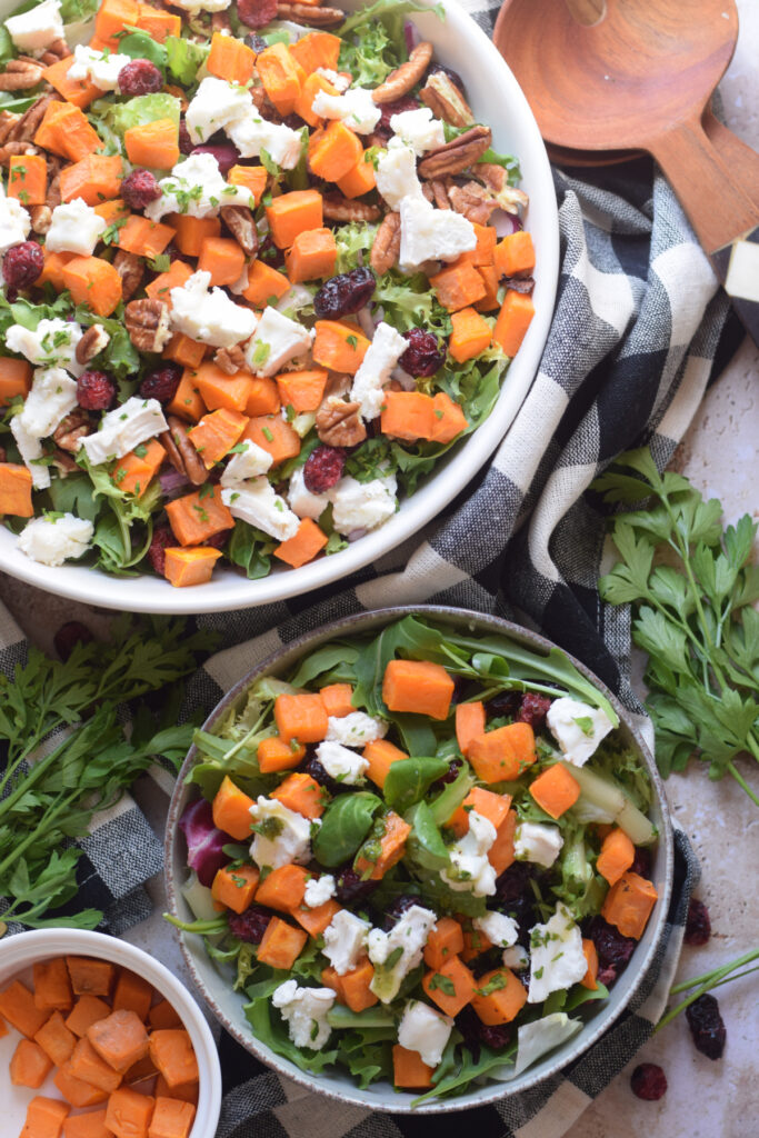 Roasted sweet potato salad in a serving dish.