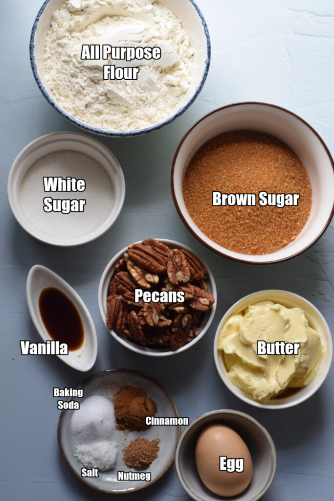 Ingredients to make brown sugar pecan cookies.