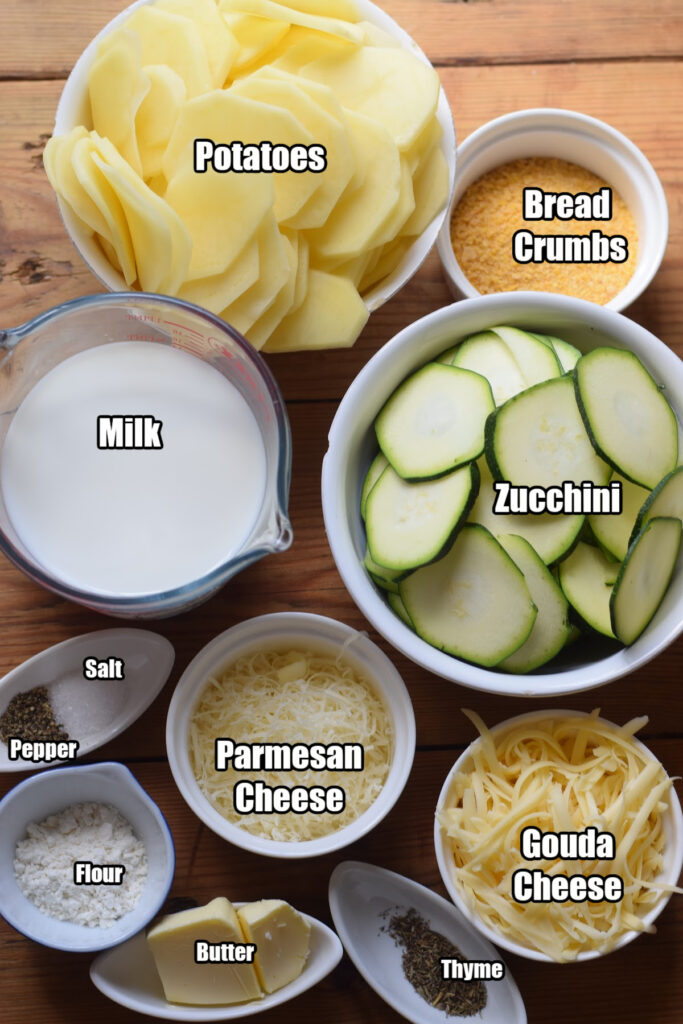 Ingredients to make potato zucchini gratin.