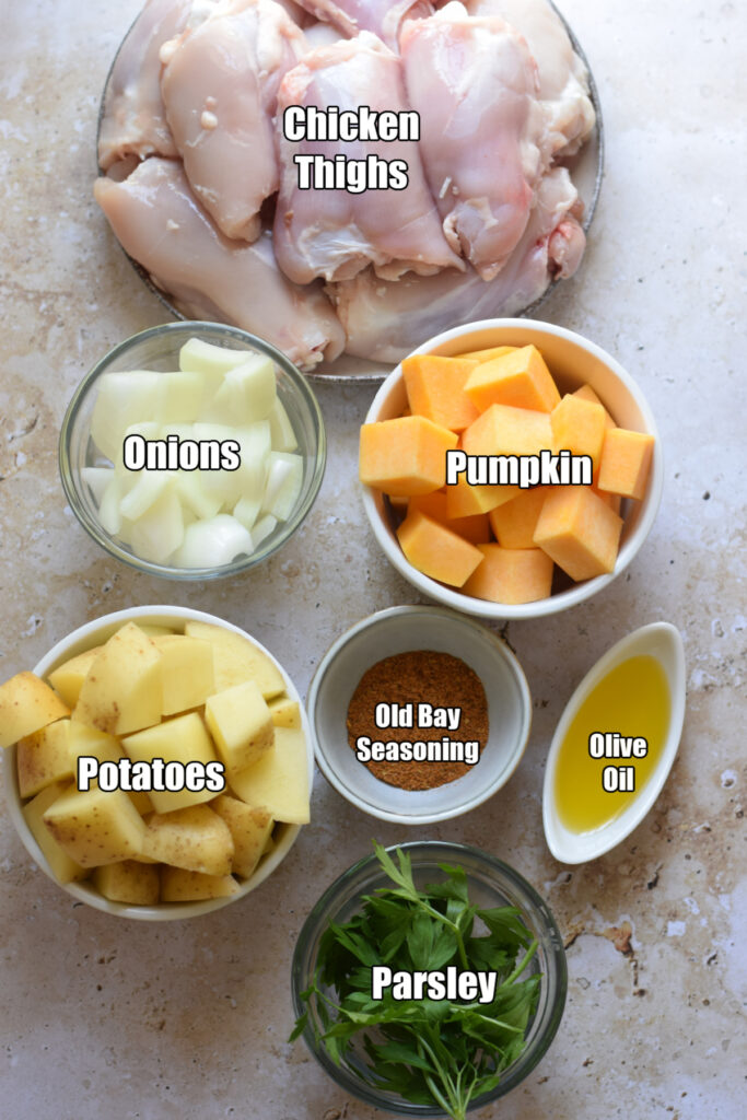 Ingredients to make old bay seasoning chicken and squash.