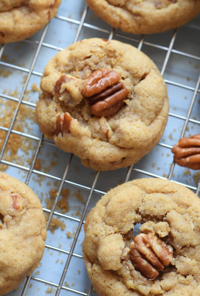 Close up of brown sugar pecan cookies.