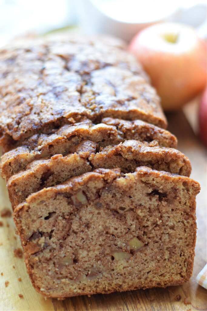 Close up of apple cinnamon loaf cut into slices.