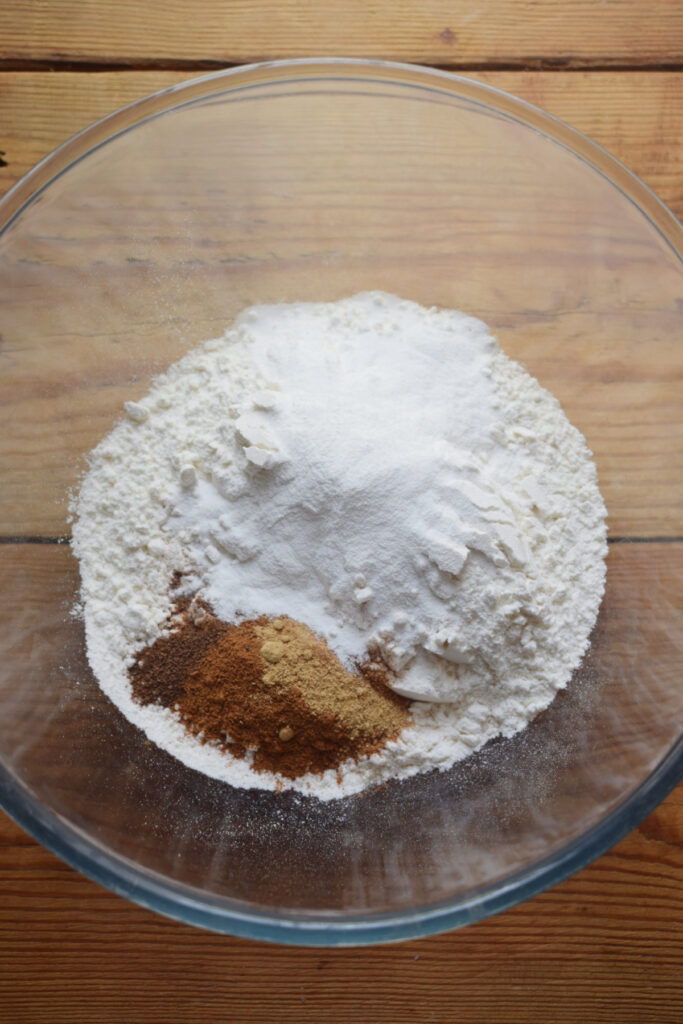 Combine dry ingredients in a glass bowl for waffles.