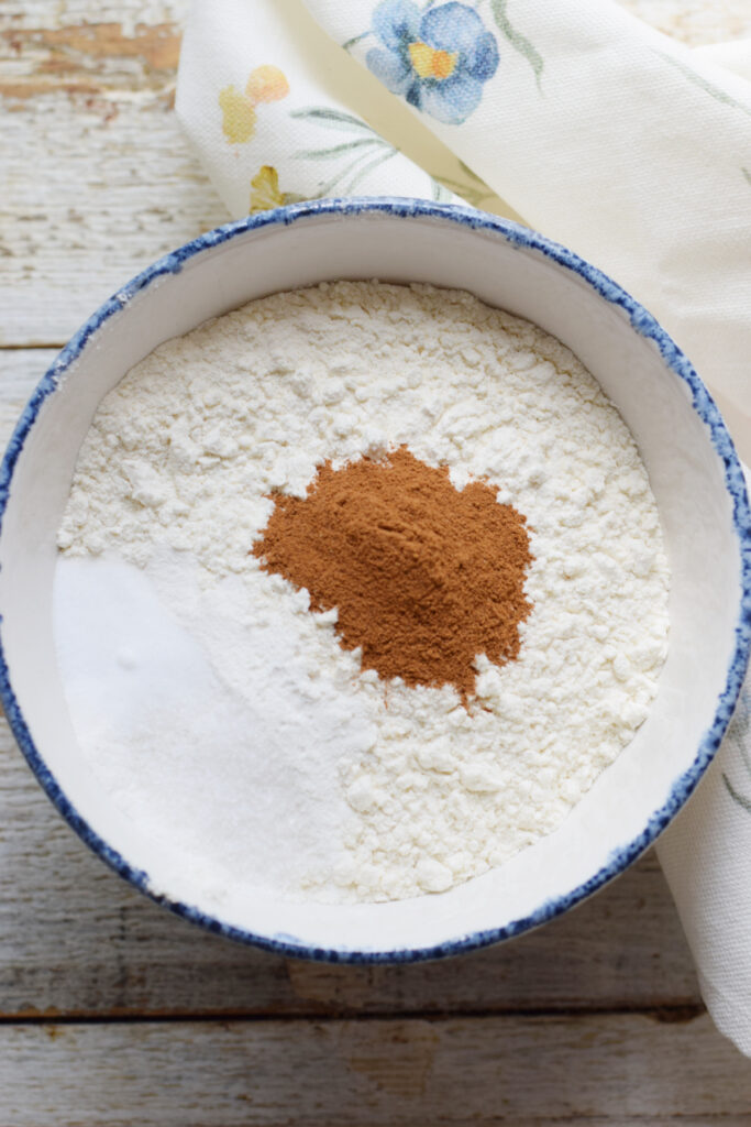 Combine dry ingredients in a white bowl.