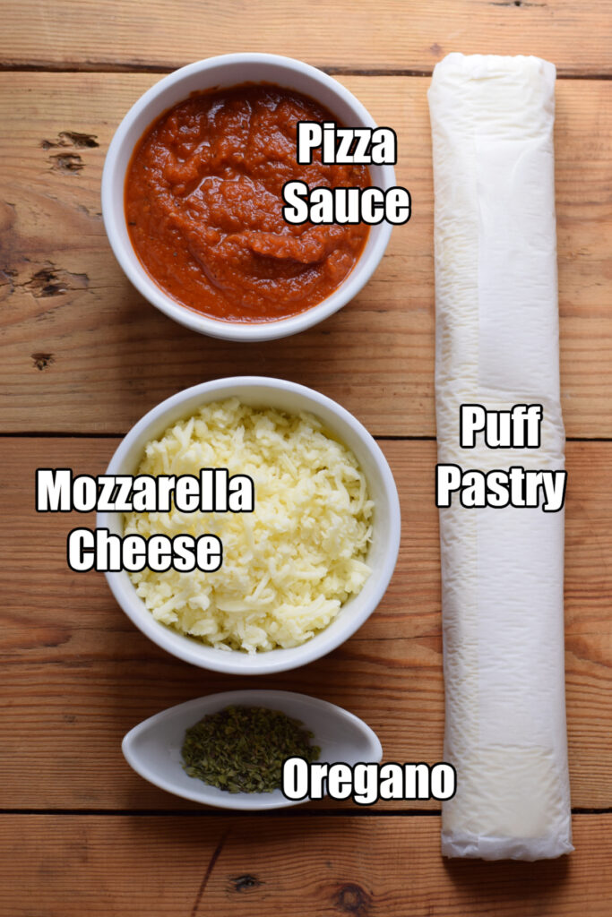 Ingredients to make puff pastry pizza bites.