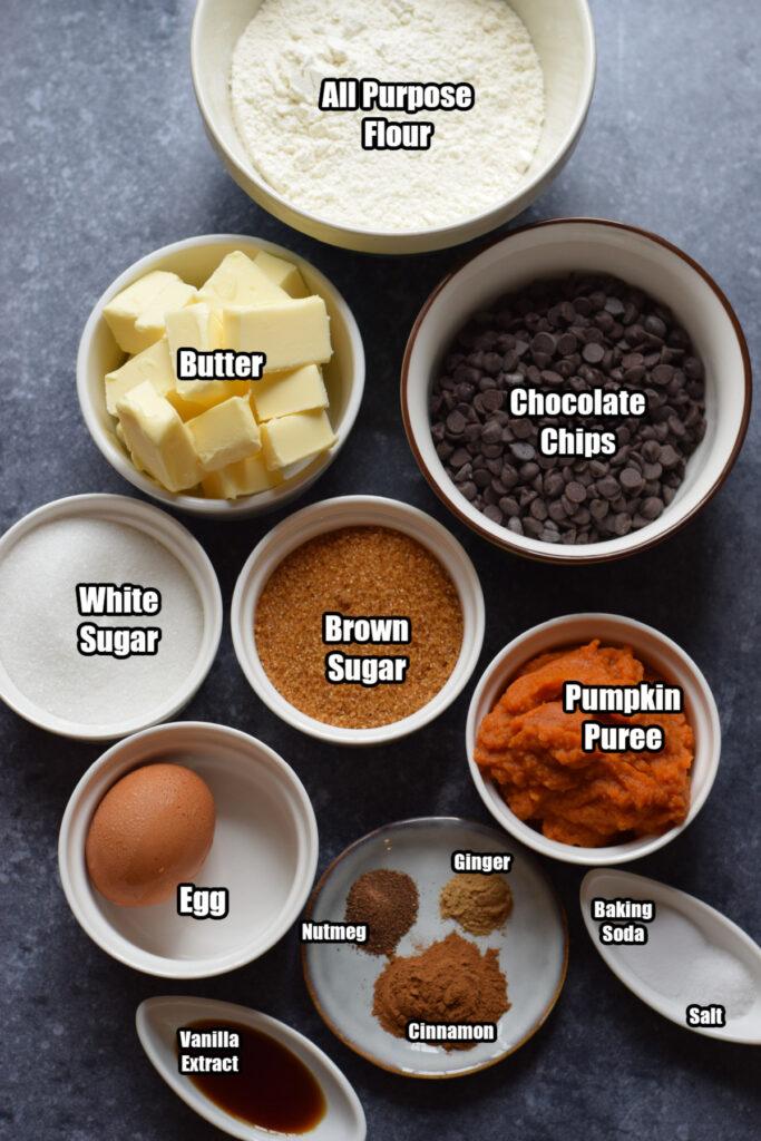 Ingredients to make pumpkin chip cookie bars.