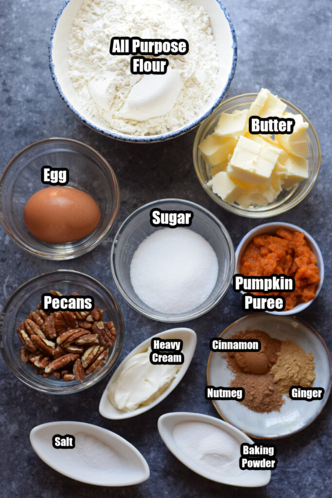 Ingredients to make pumpkin scones with pecans.
