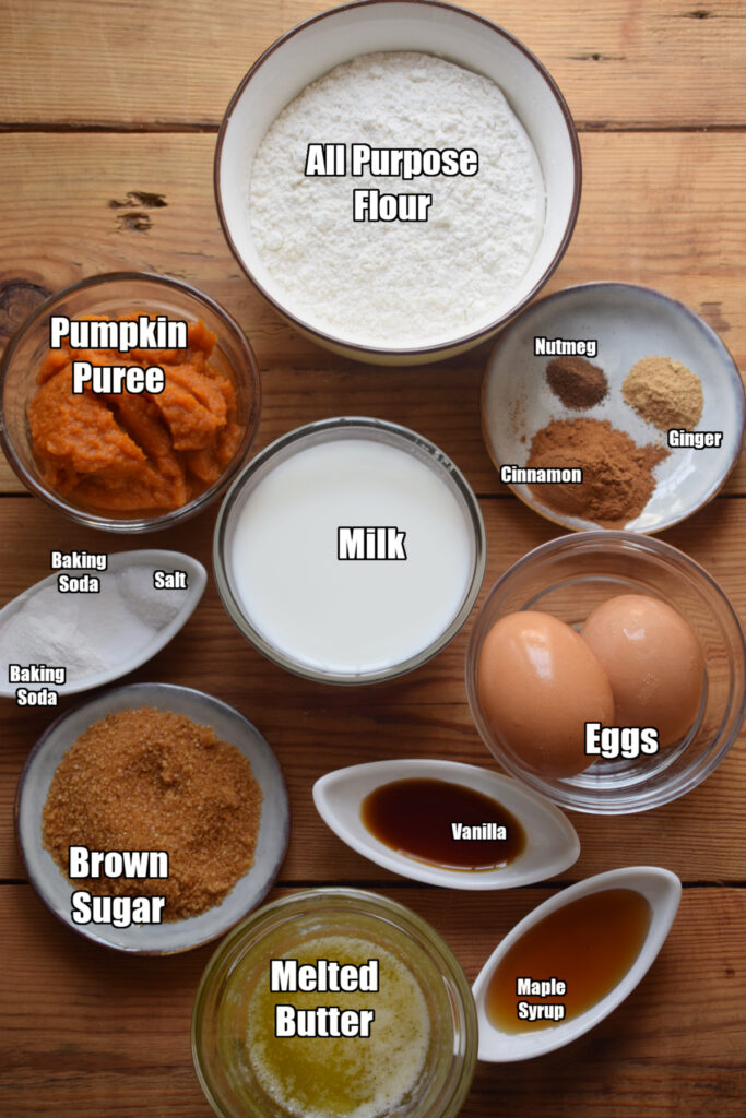 Ingredients to make pumpkin buttermilk waffles.