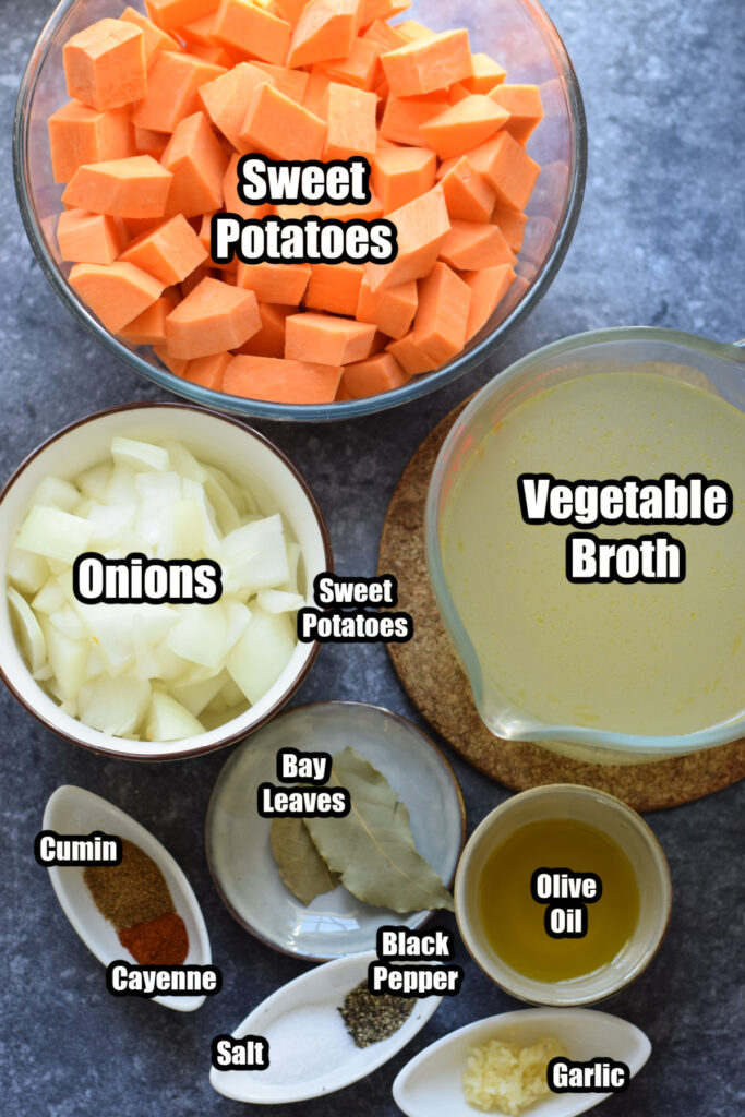 Ingredients to make roasted sweet potato soup.