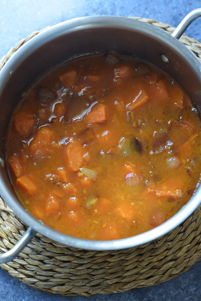 Sweet potato soup in a pot.