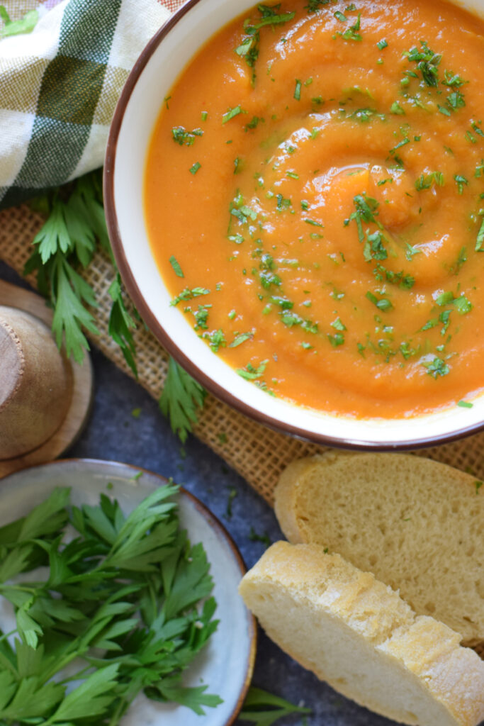 Roasted sweet potato soup with parsley.
