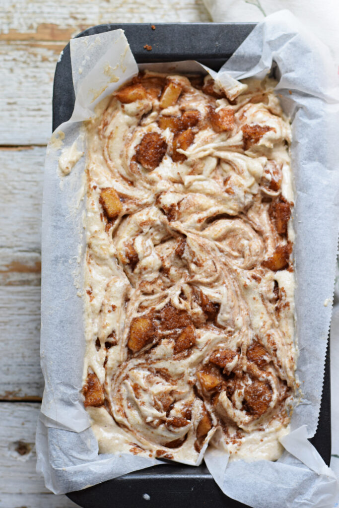 Apple cinnamon loaf cake ready to bake