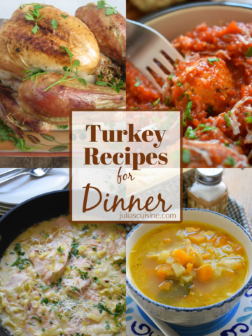 Photo collage of turkey recipes for dinner.
