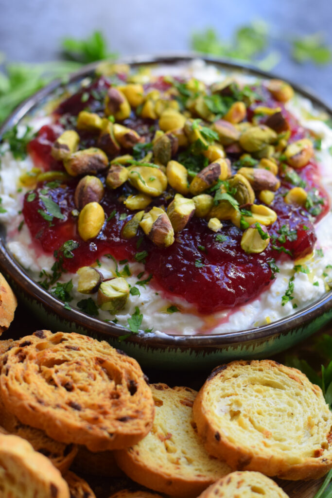 Whipped feta dip with pistachios.