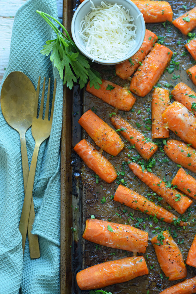Carrots on a roasting tray.