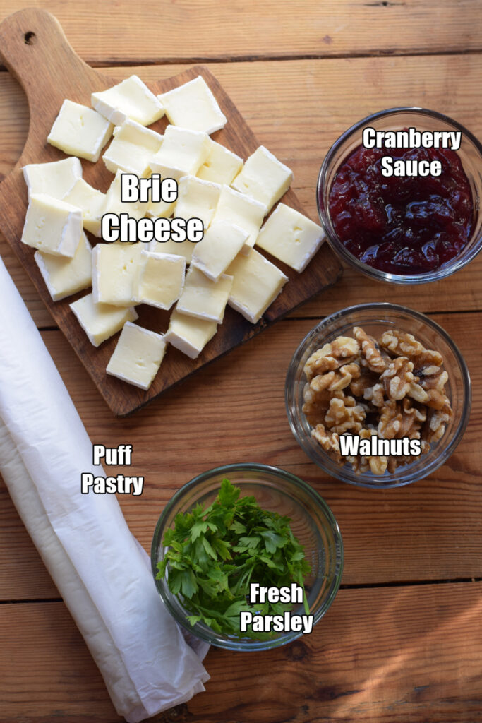 Ingredients to make the cranberry brie puff pastry bites.