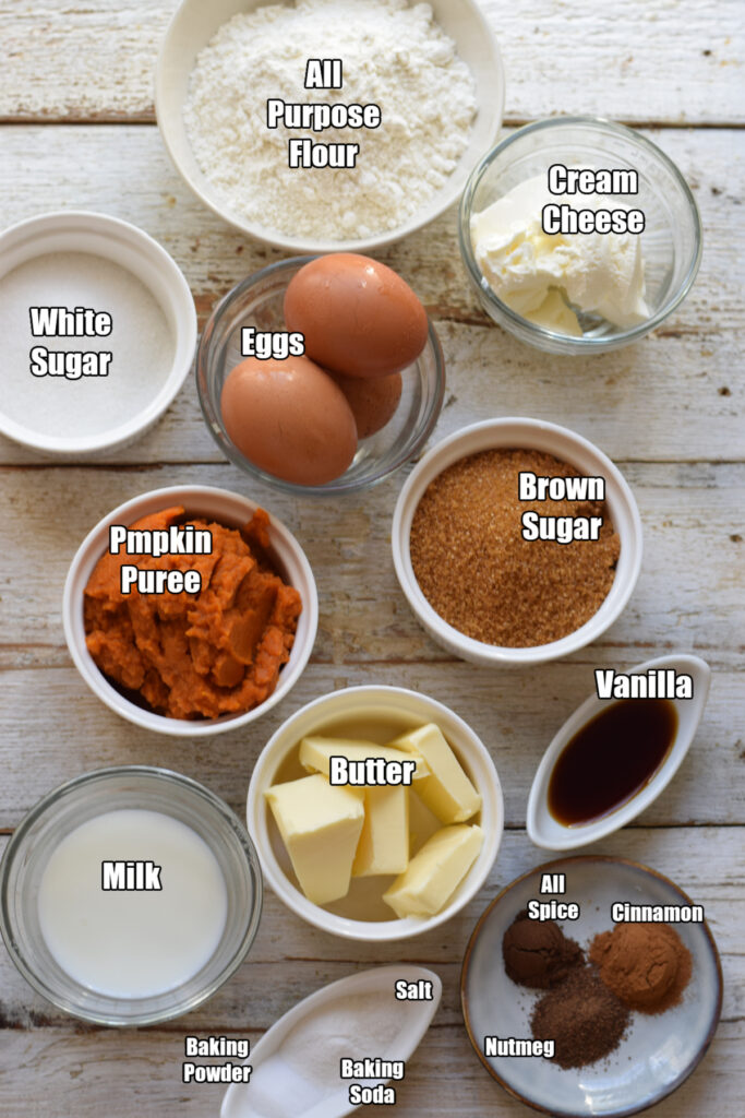 Ingredients to make the pumpkin cream cheese loaf cake.