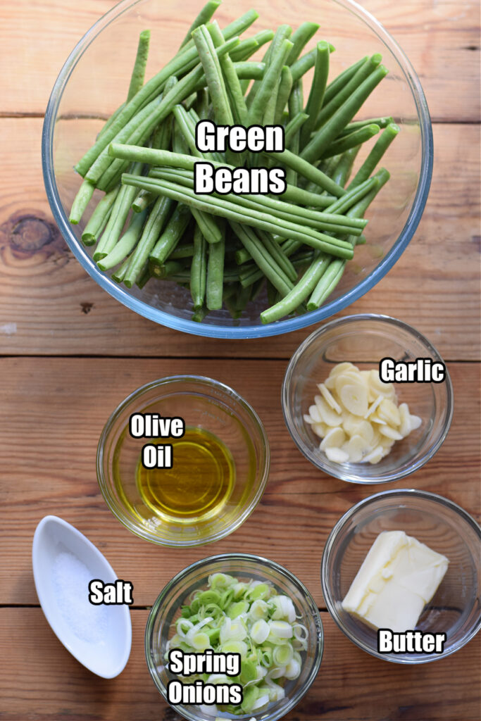 Ingredients to make garlic sauteed green beans.