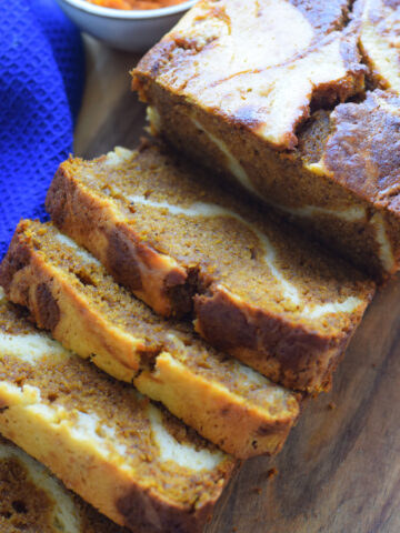 Pumpkin cake cut into slices.