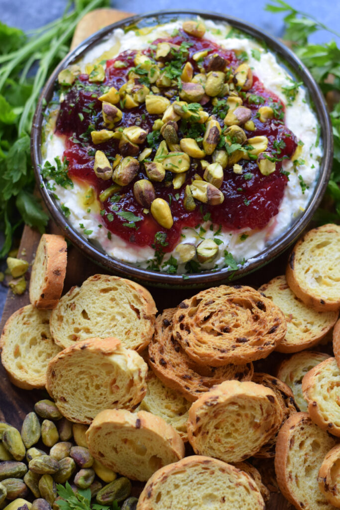 Whipped feta dip with cranberries and pistachios.