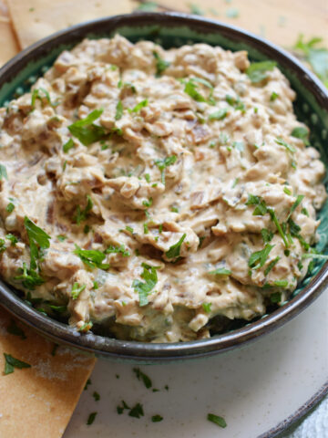 Close up of caramelized onion dip in a bowl.