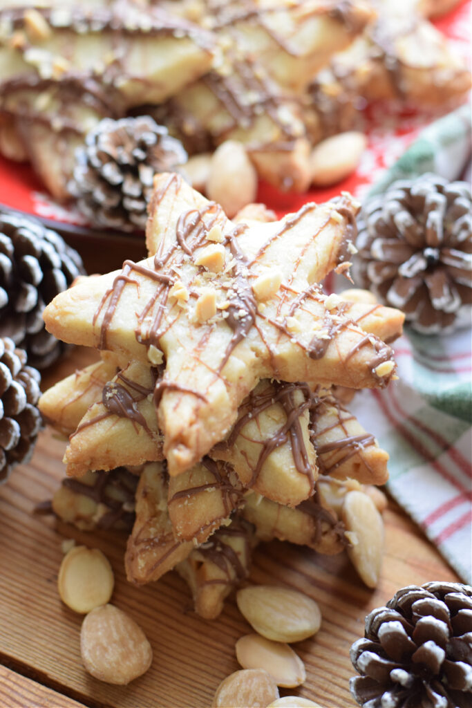 Close up of almond shortbread star cookies.